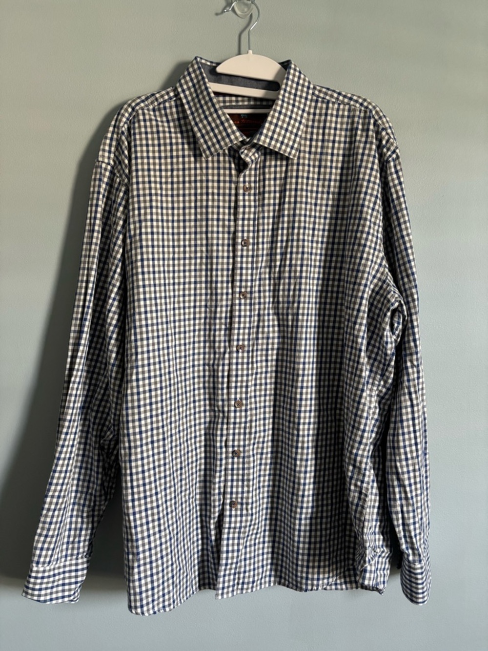 Men's Blue and White Check Long-Sleeve Button-Down Shirt